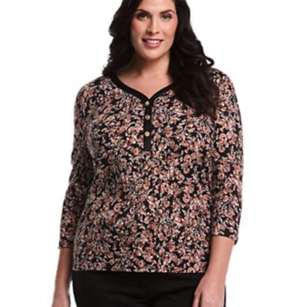 Rafaella Black Floral V-neck Top Size 2X 3/4 Sleeve 100% Cotton Jersey Knit